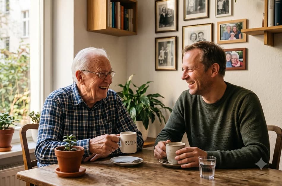 Erwachsener Angehöriger lacht mit einem älteren Herrn bei einer Tasse Kaffee am Küchentisch in einer Berliner Wohnung