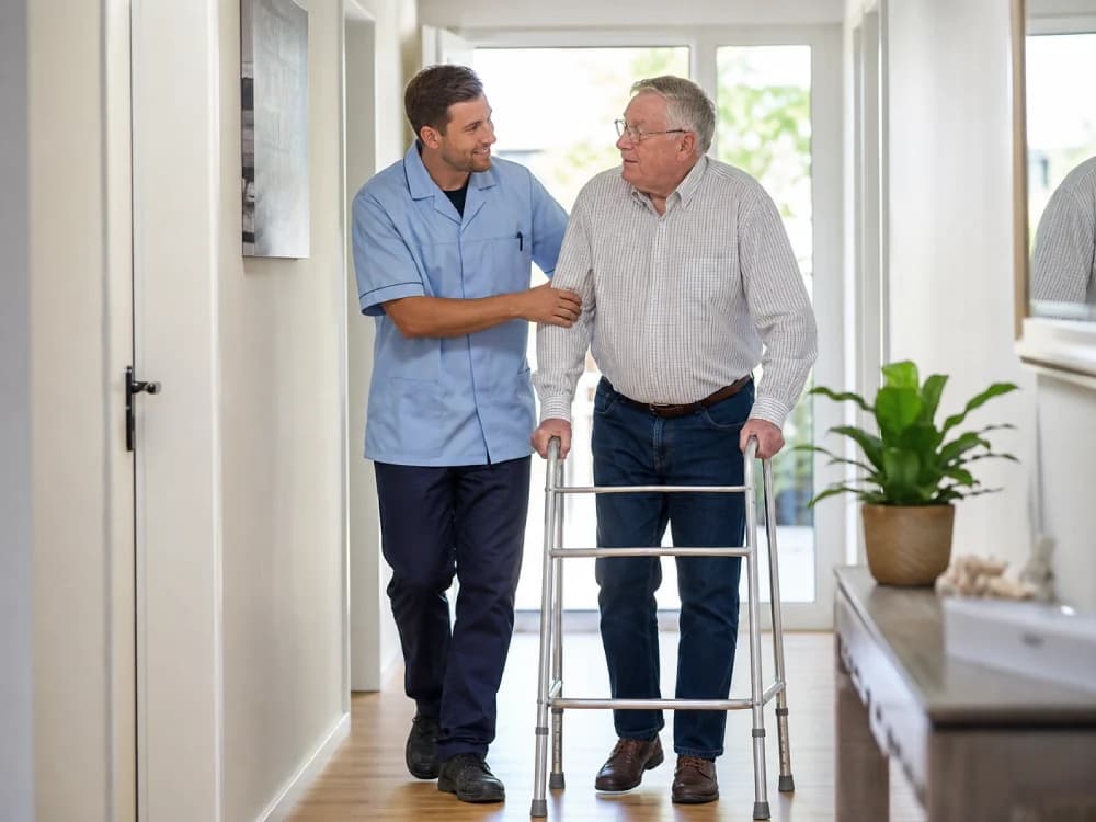 Eine Pflegekraft begleitet eine ältere Dame beim Gehen durch ihre Wohnung, beide wirken entspannt und vertraut