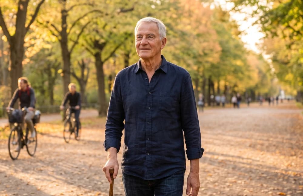 Selbstständiger Senior mit Gehstock spaziert durch einen sonnigen Berliner Park