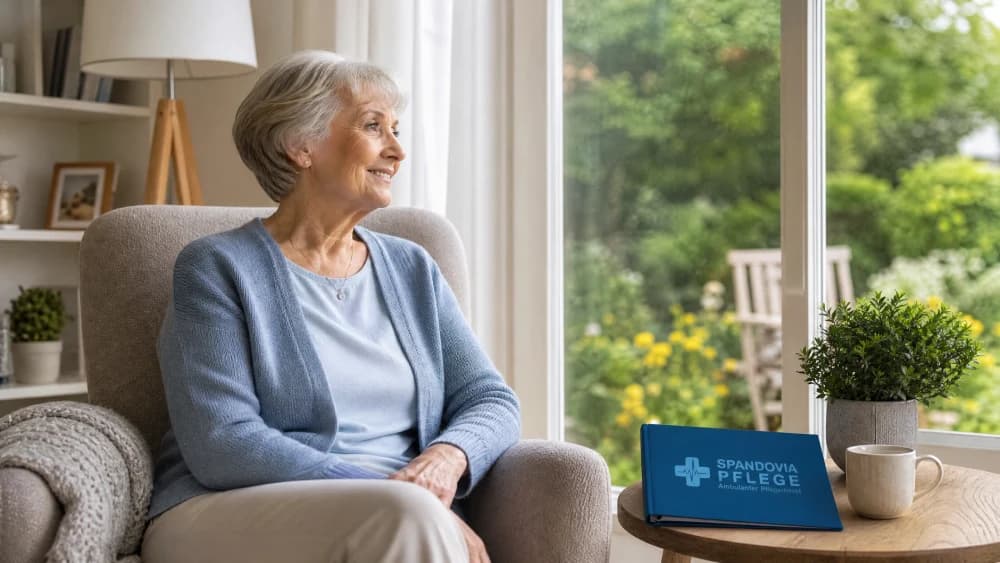 Seniorin in ihrer Wohnung mit vorbereiteten Unterlagen für den Besuch des Medizinischen Dienstes